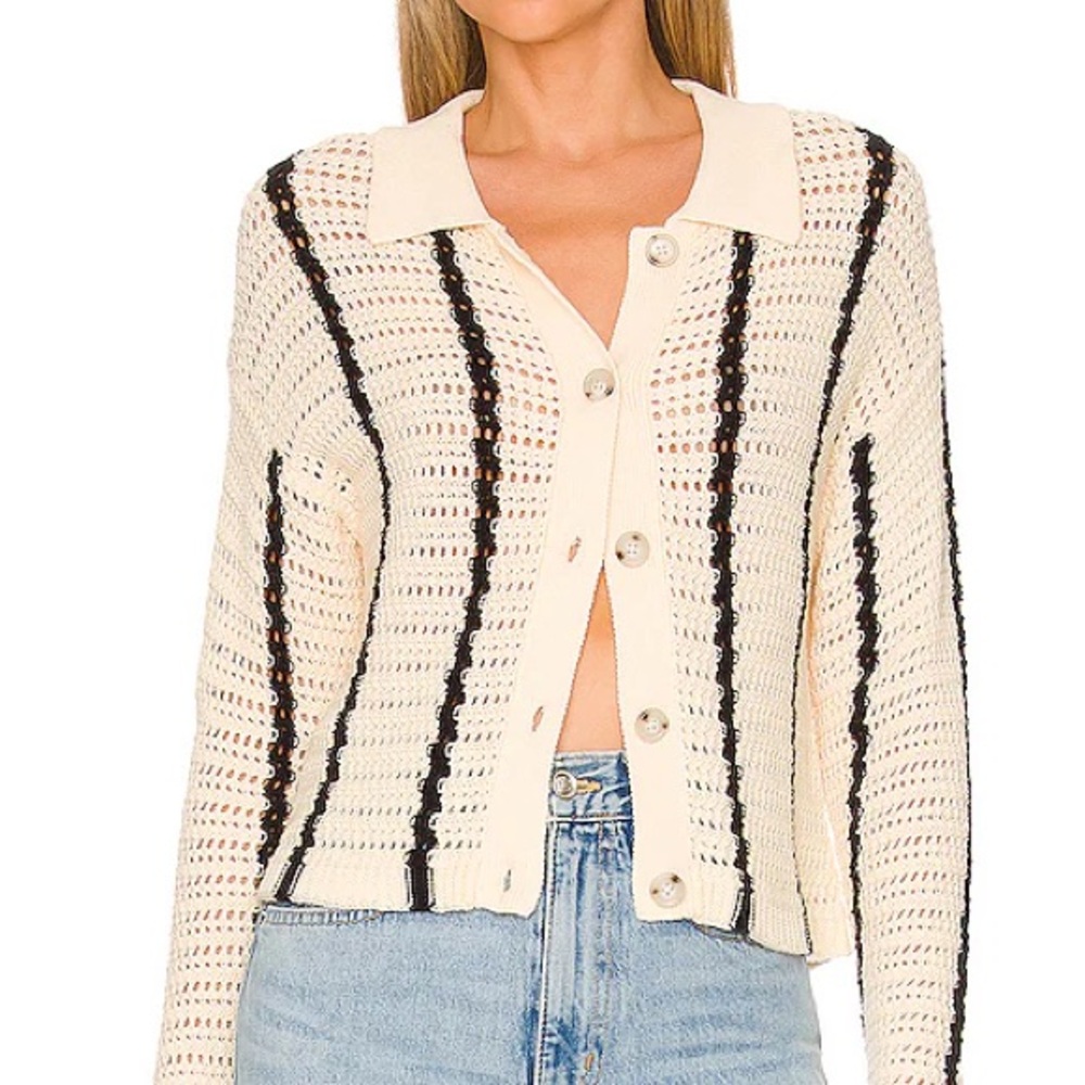 Monrow Cream and Black Crochet Open-Knit Cardigan Size XS